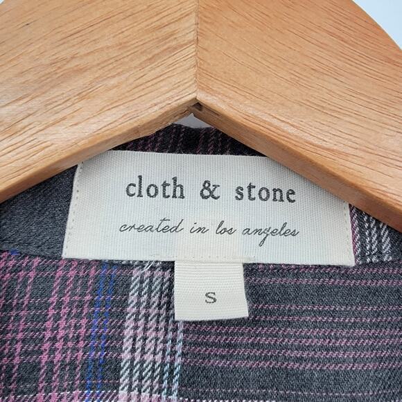 Cloth & Stone Women's High Low Raw Frayed Hem Plaid Button Down Shirt Gray Small - Picture 7 of 13
